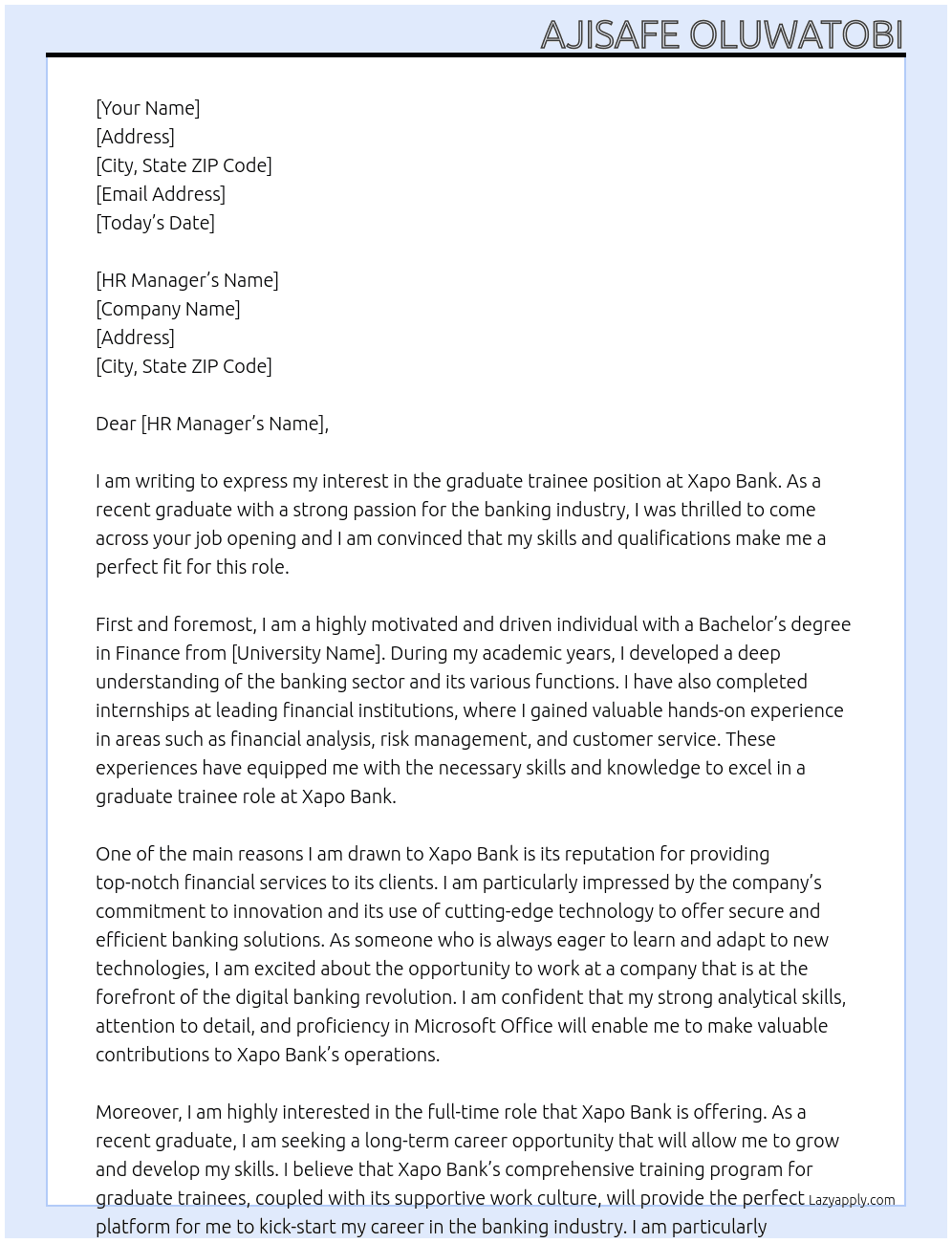 graduate trainee At xapo bank Cover Letter