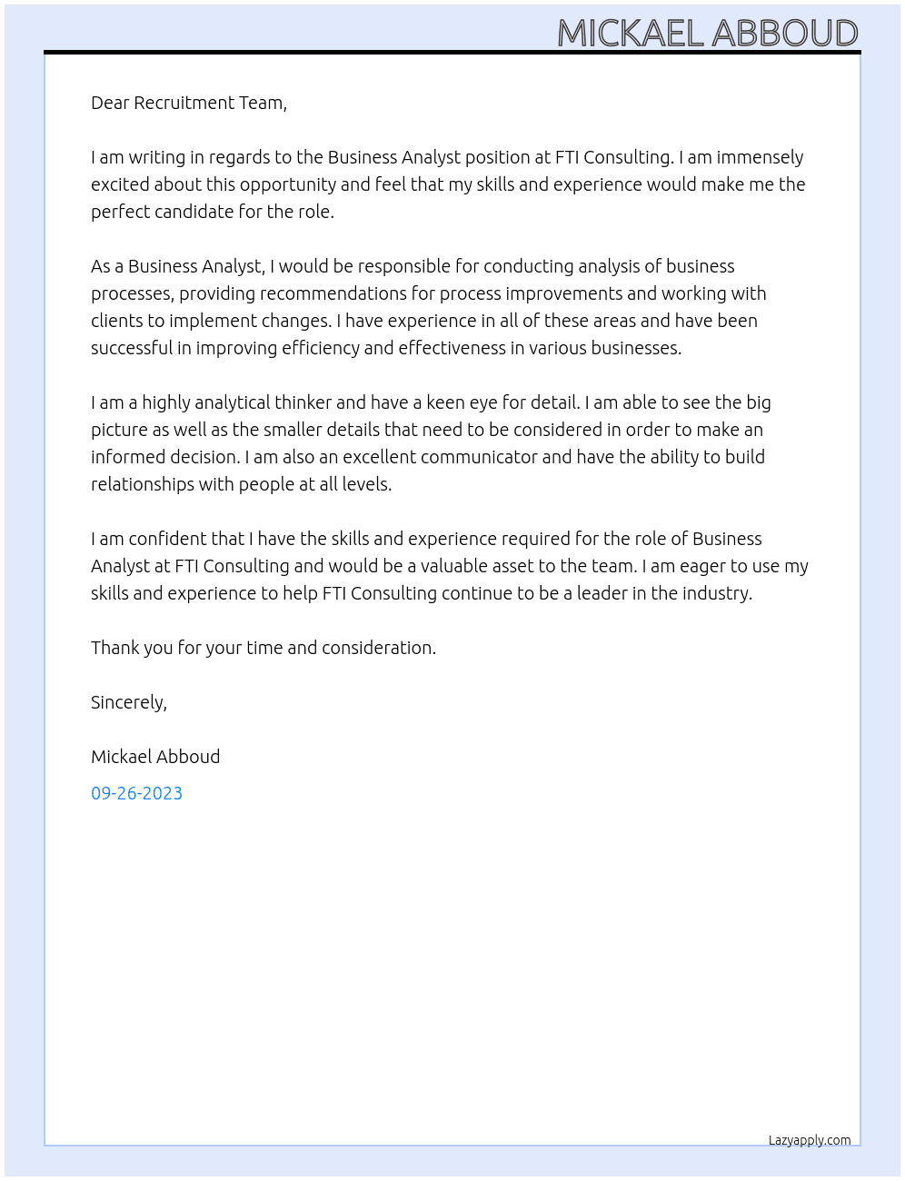 Business analyst At FTI Consulting Cover Letter