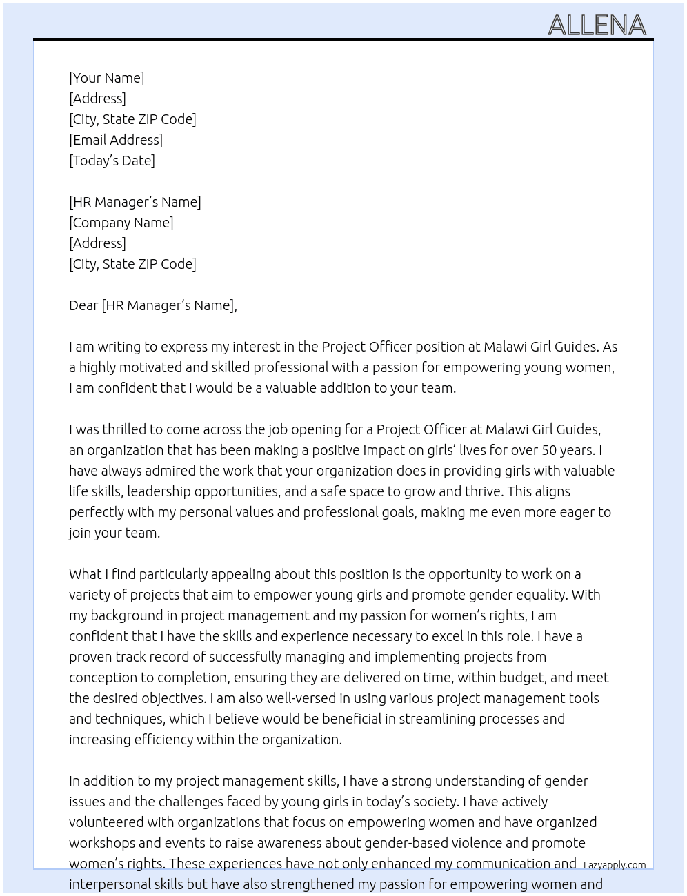 Project officer  At Malawi girl guides  Cover Letter