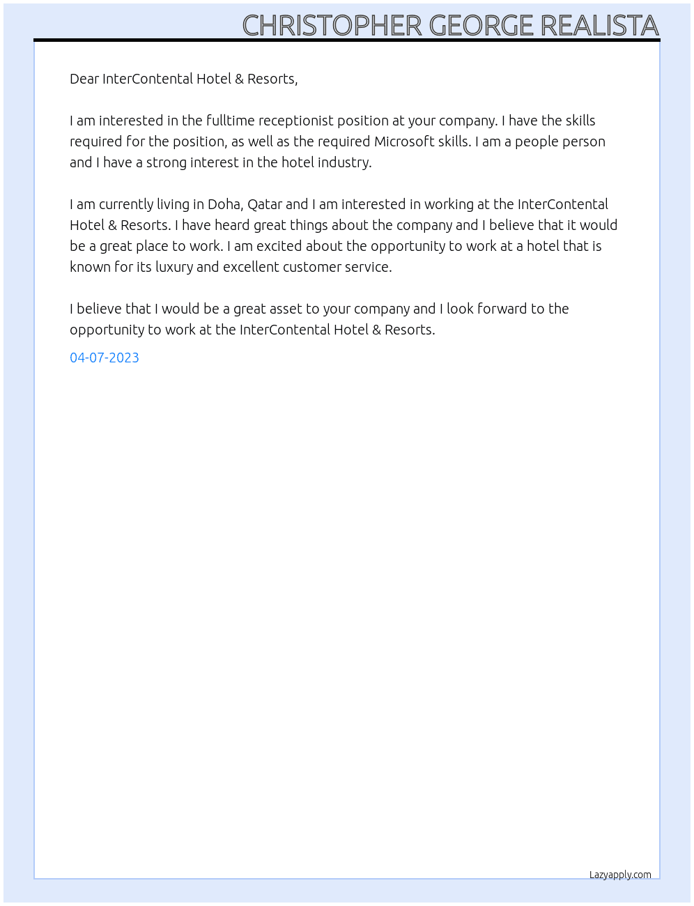 receptionist At InterContenental Hotel & Resorts Cover Letter