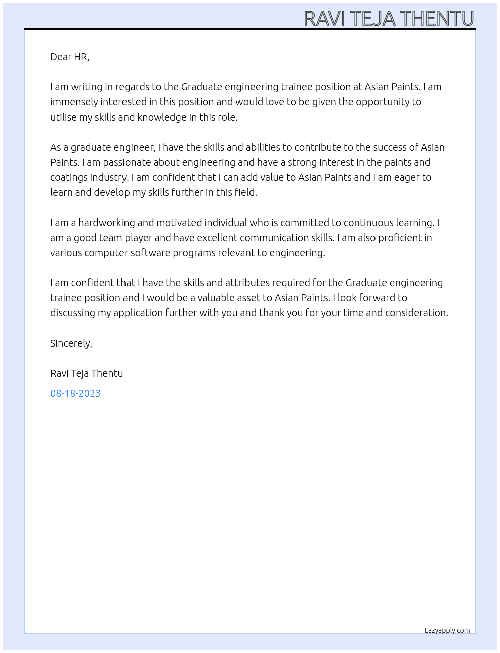 Graduate engineering trainee At asian paints Cover Letter