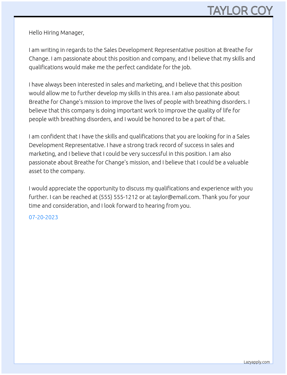 Sales Development Representative At Breathe for Change Cover Letter