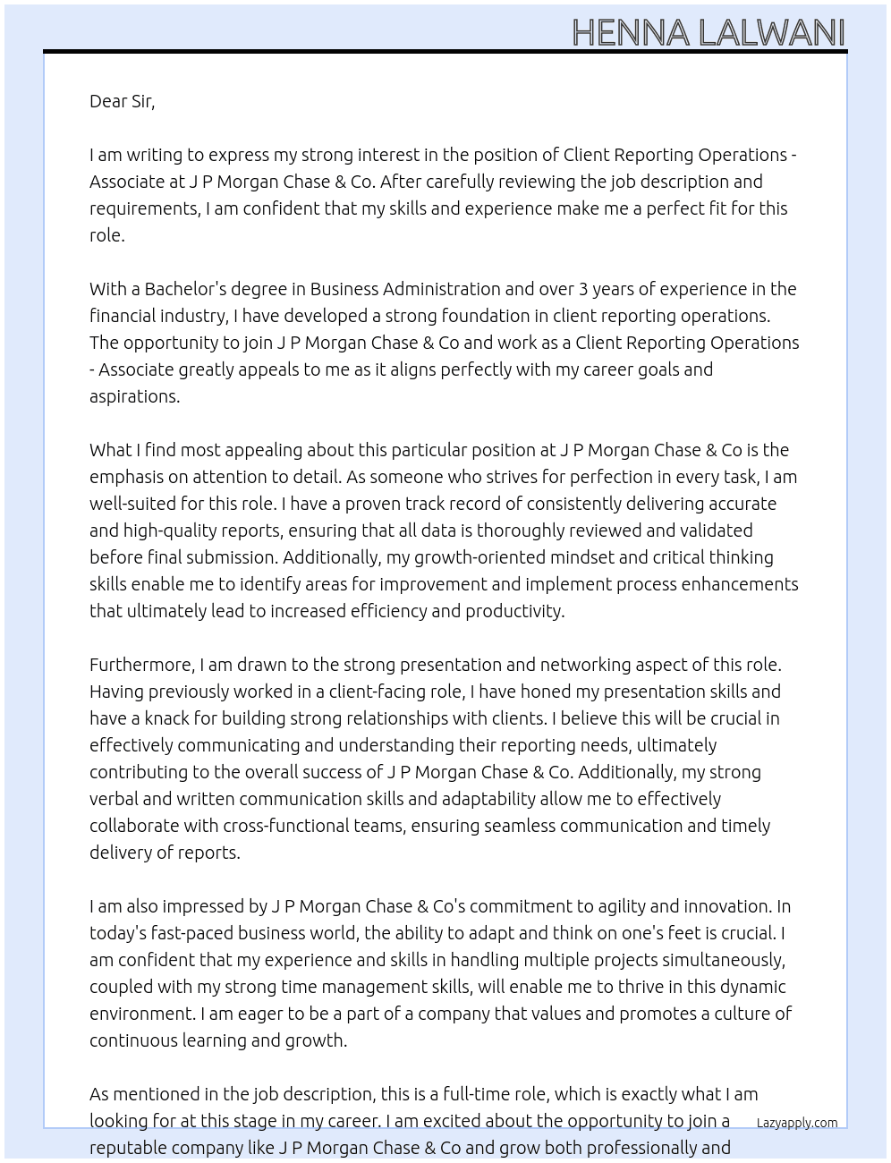 Client Reporting Operations - Associate At J P Morgan Chase & Co Cover Letter