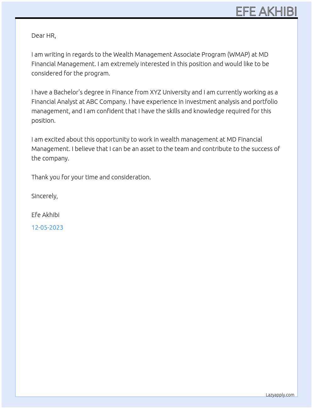 Wealth Management Associate Program (WMAP) At MD Financial Management Cover Letter