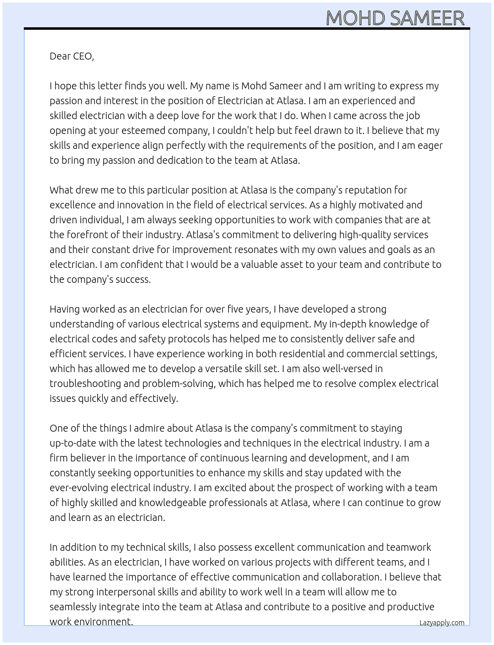 Electrion  At Atlasa Cover Letter