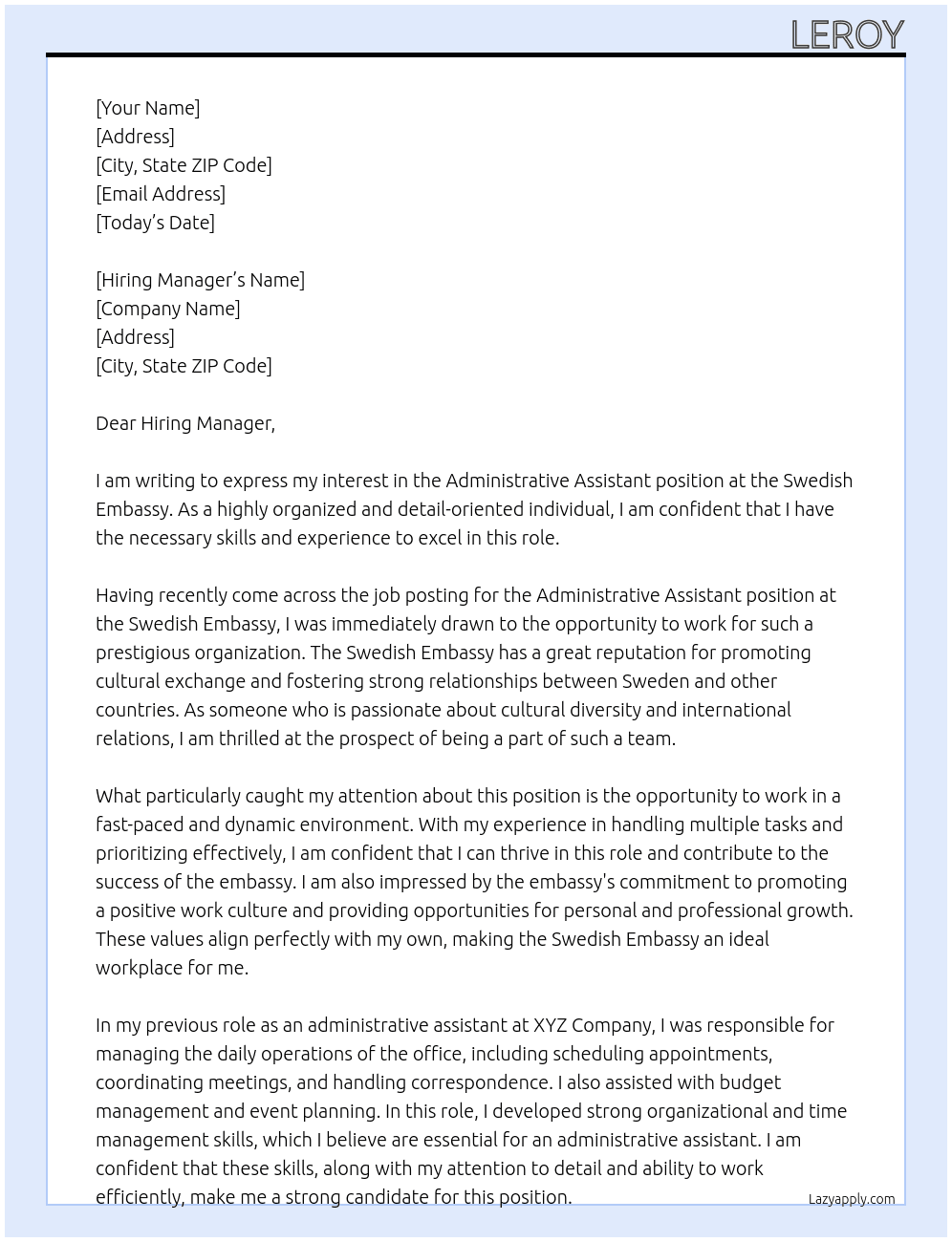 Administrative assistant  At Swedish embassy  Cover Letter
