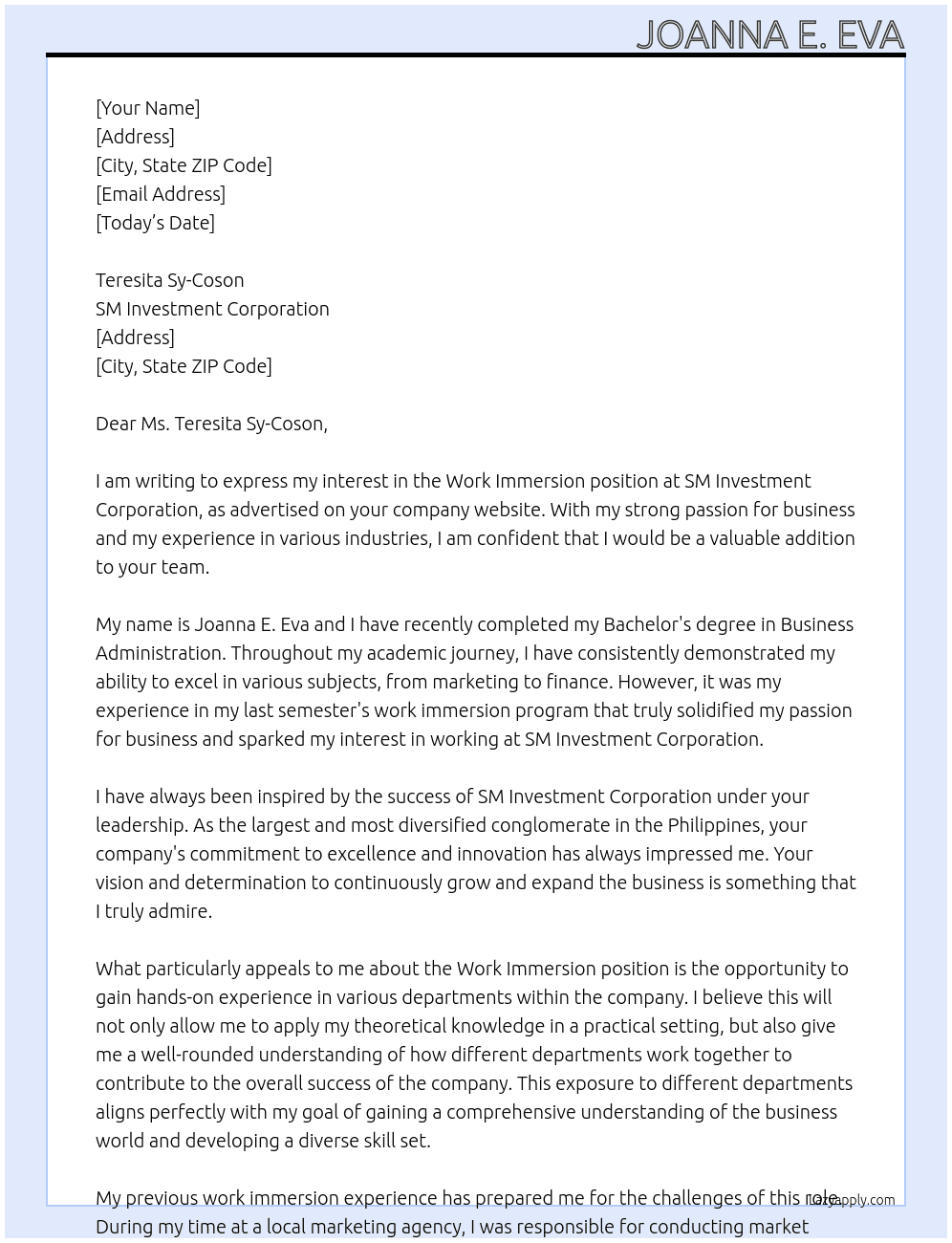 Work Immersion  At SM Investment Corporation  Cover Letter