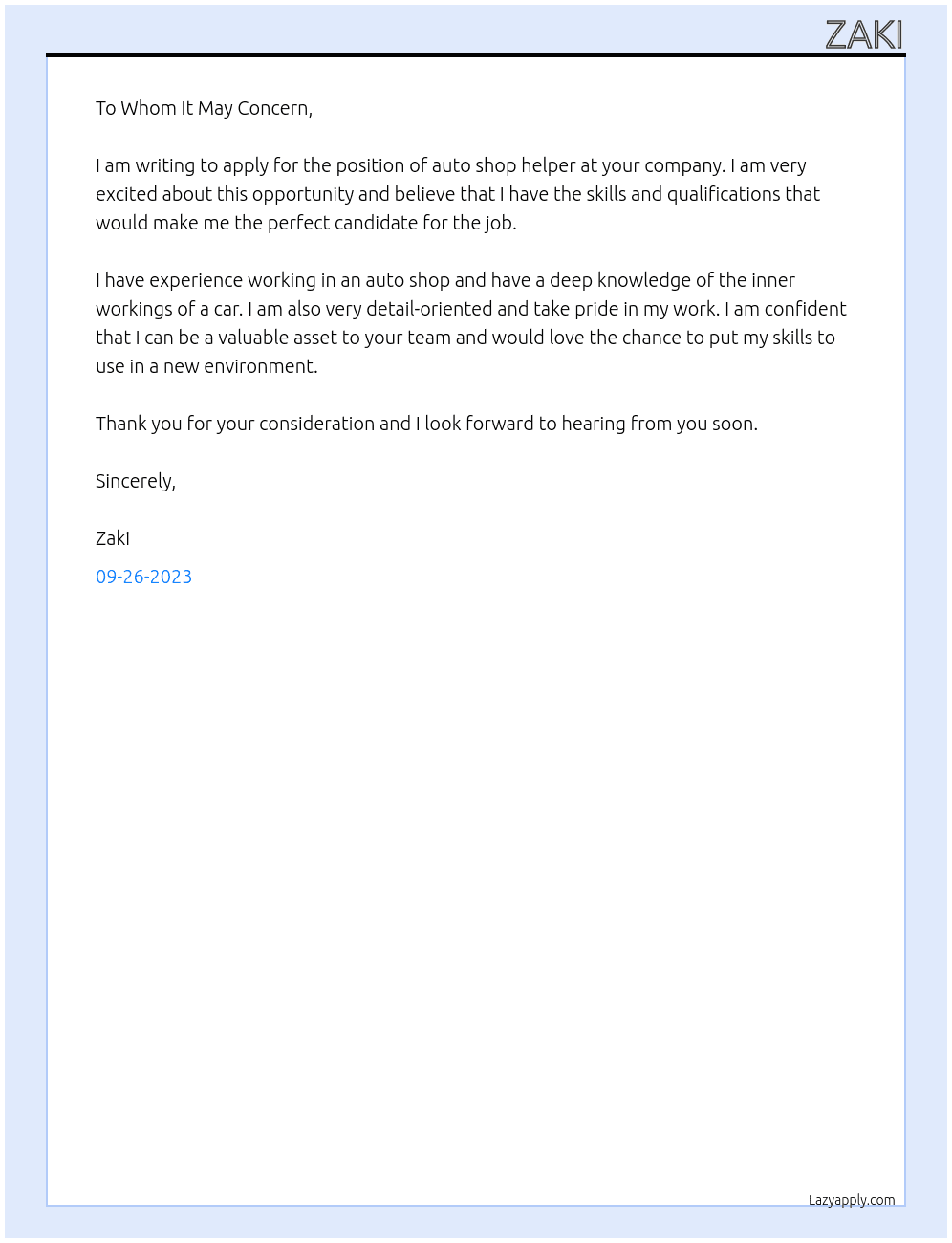auto shop helper At auto shop Cover Letter