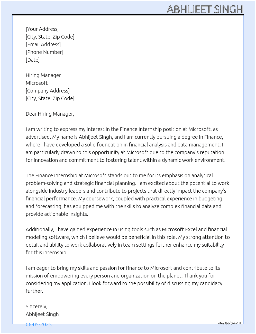 Finance Internship  At Microsoft  Cover Letter