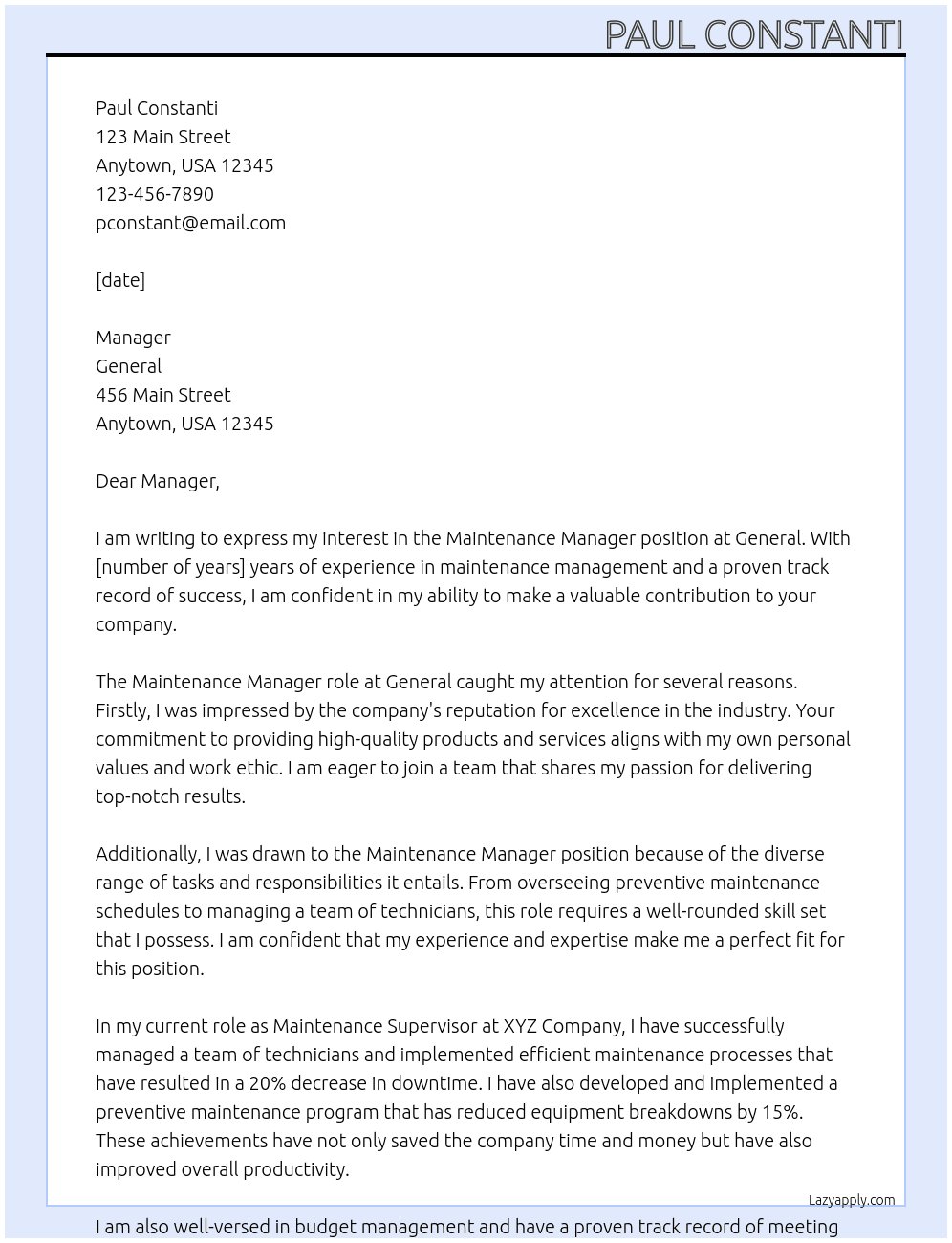 Maintenance Manager At General  Cover Letter