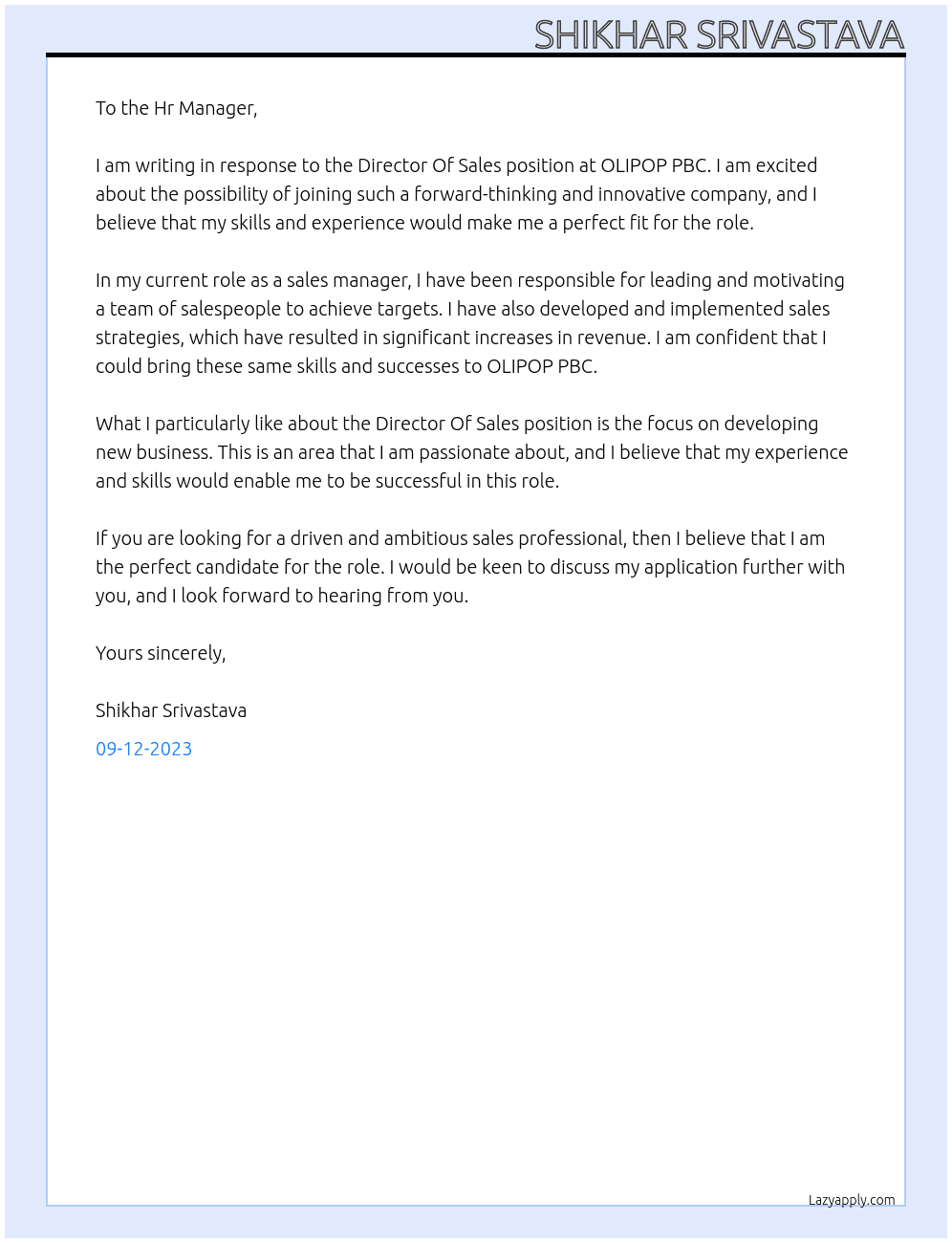 Director Of Sales At OLIPOP PBC Cover Letter