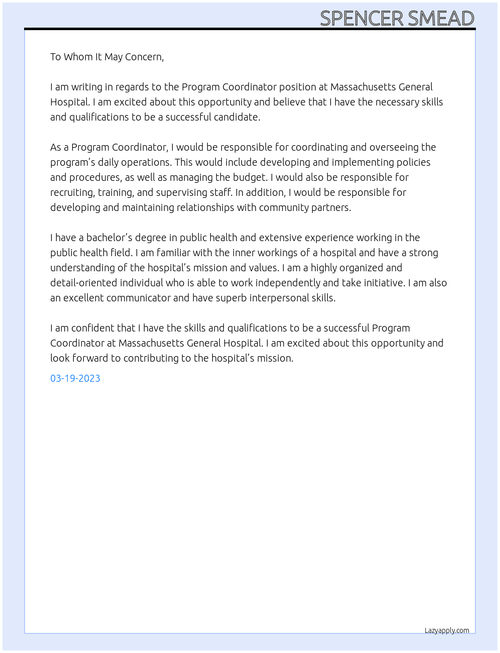 Program Coordinator At Massachusetts General Hospital  Cover Letter