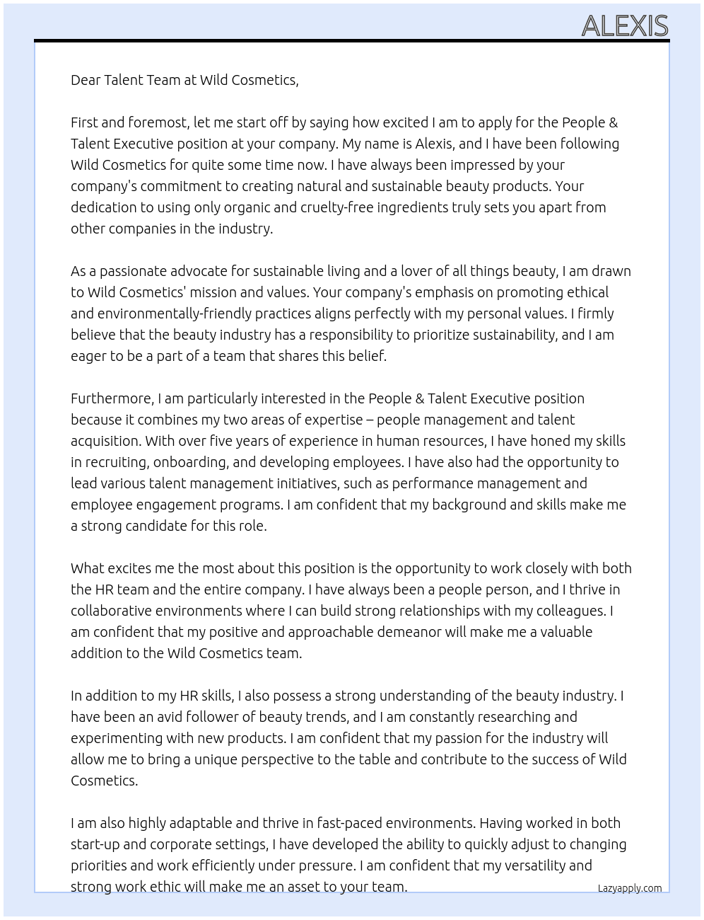 People & Talent Executive At Wild Cosmetics Cover Letter