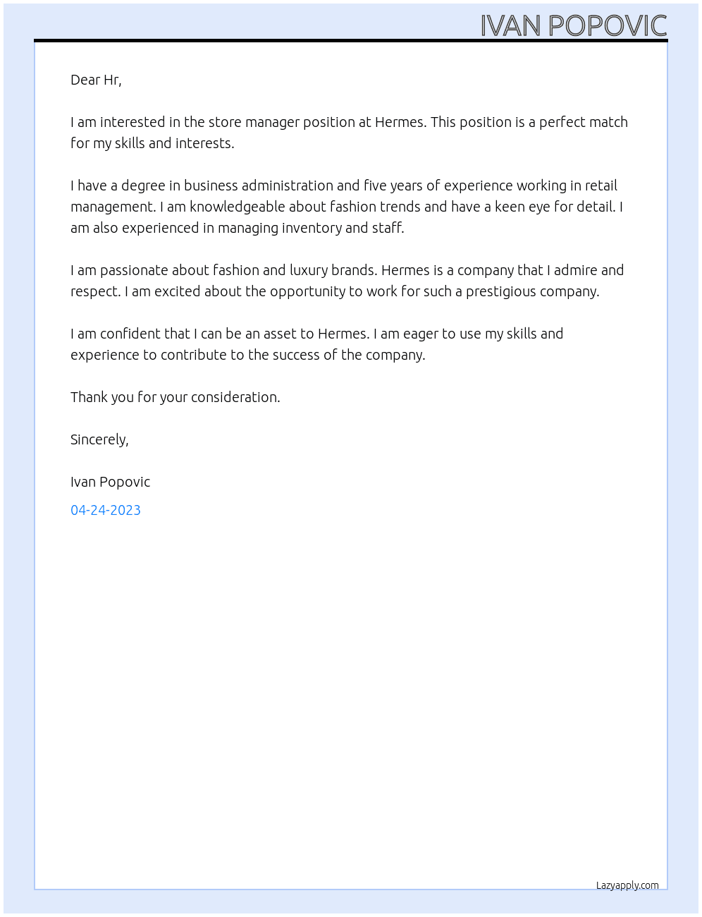 Stor manager  At Hermes Cover Letter