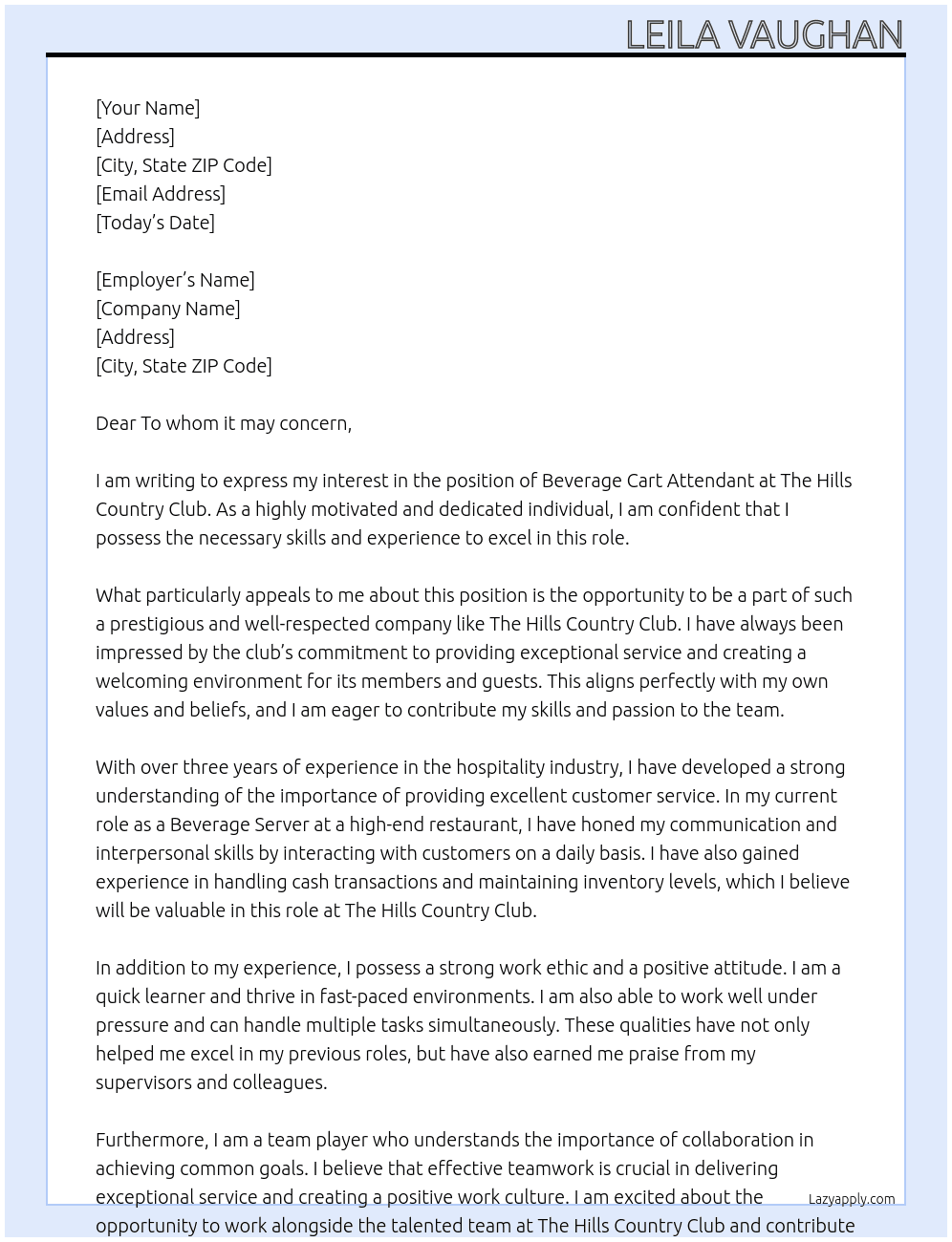 Beverage Cart Attendant At The Hills Country Club Cover Letter