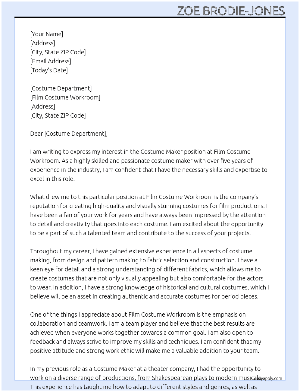 Costume Maker At Film costume workroom Cover Letter