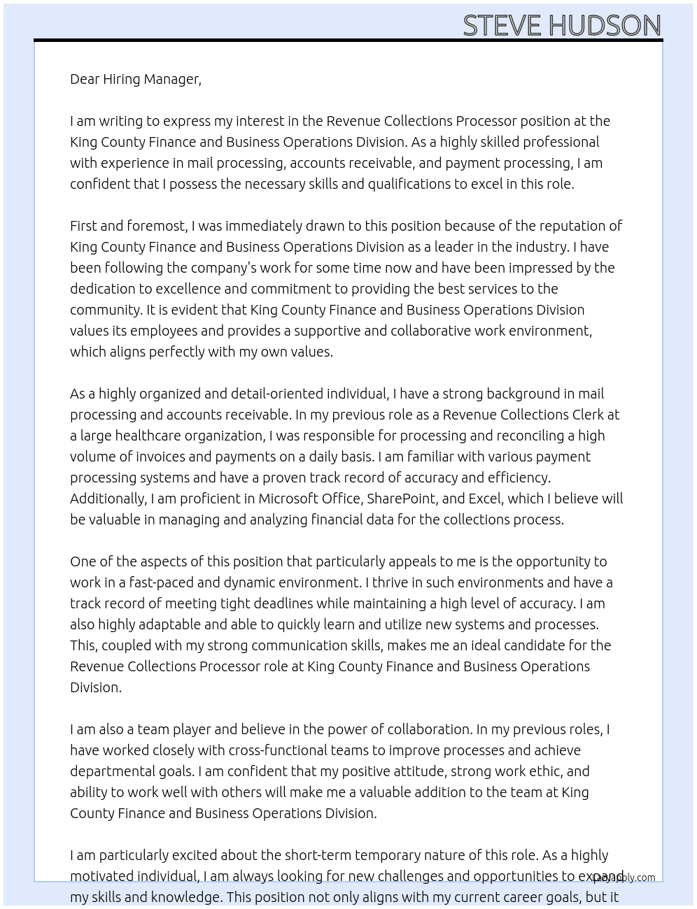 Revenue Collections Processor At King County Finance and Business Operations Division Cover Letter