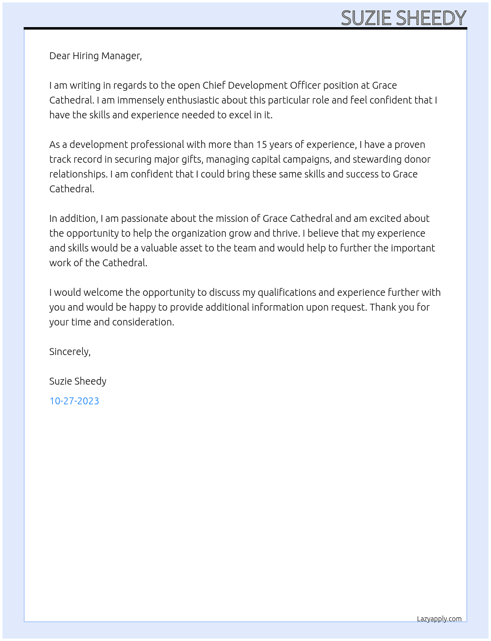 Chief Development Officer At Grace Cathedral Cover Letter