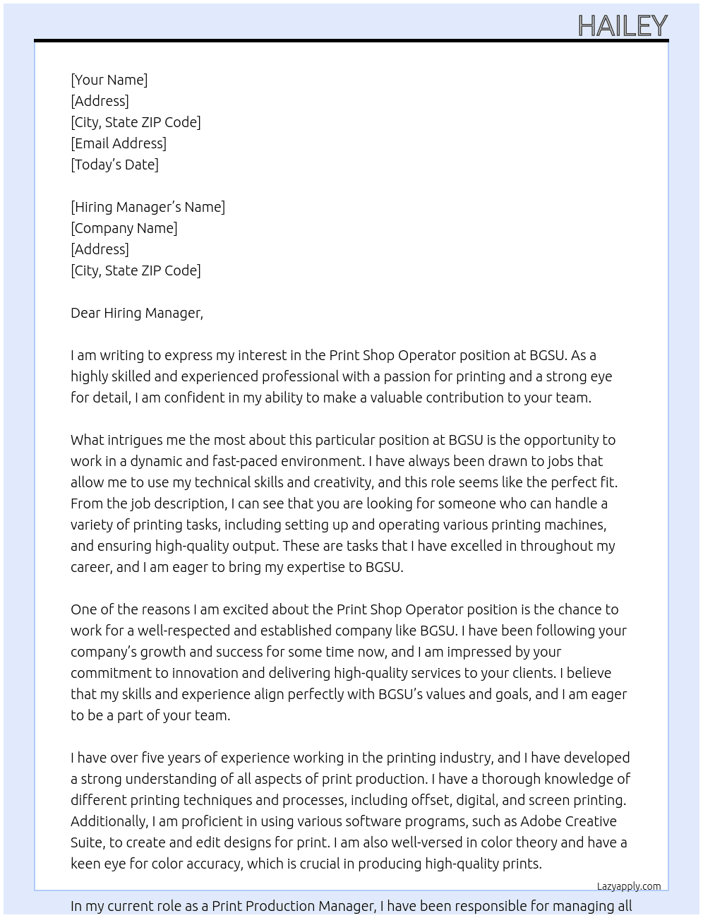 Print Shop Operator At BGSU Cover Letter