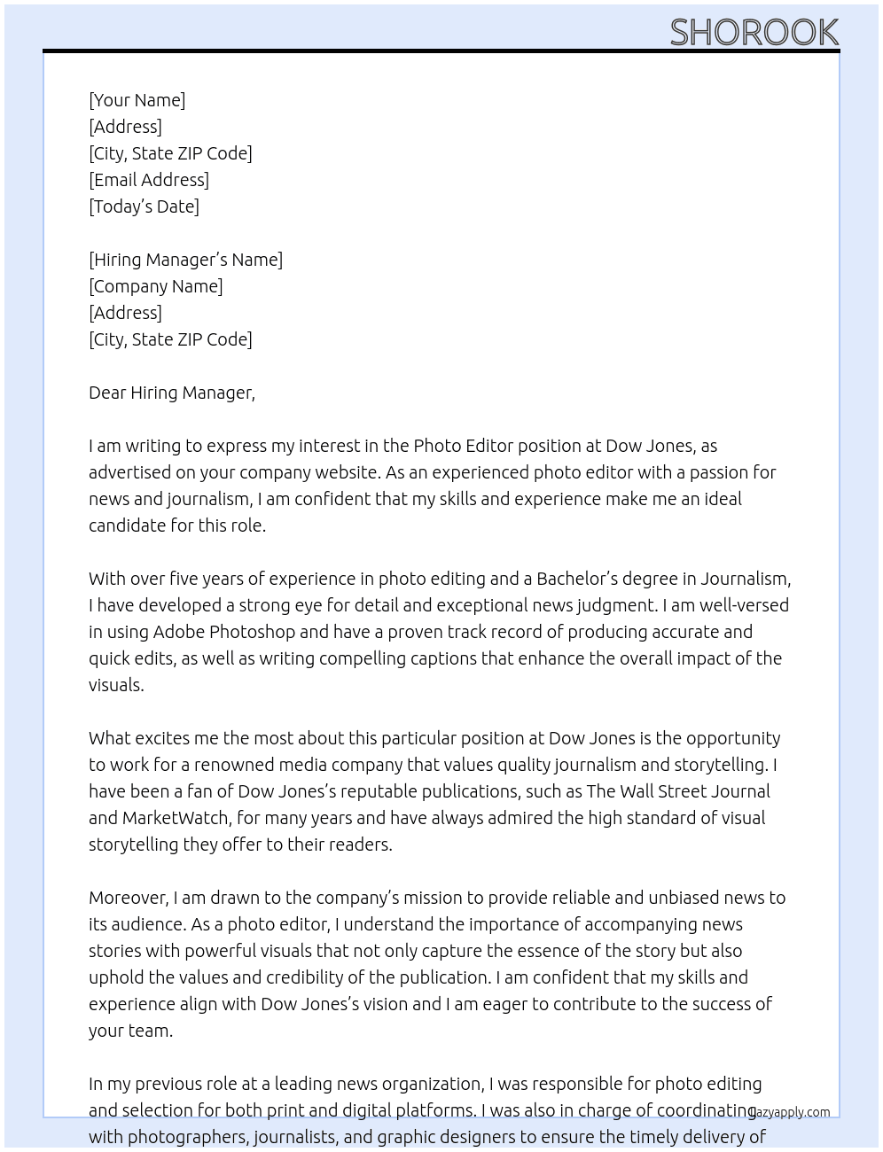 Photo editor At Dow Jones Cover Letter