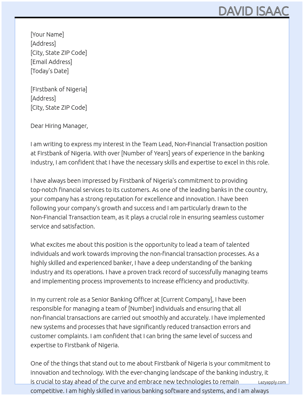 Team Lead, Non-Financial Transaction At FIRSTBANK OF NIGERIA Cover Letter