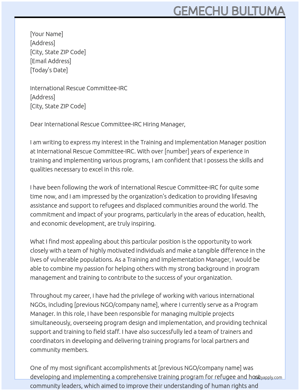 Training and Implementation Manager At International Rescue Committee-IRC Cover Letter