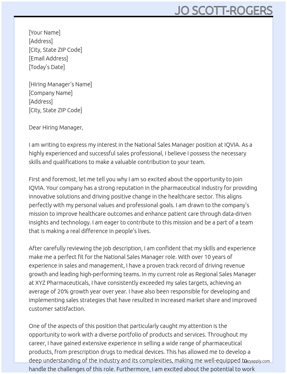 National sales manager At iqvia Cover Letter