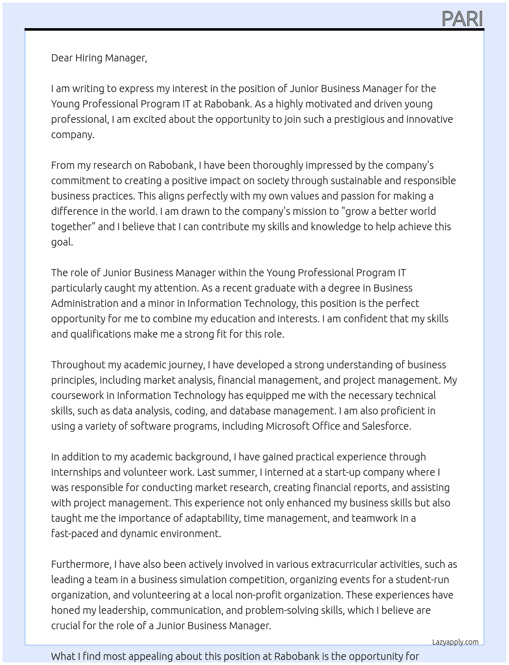 Junior Business Manager - Young Professional Program IT At Rabobank Cover Letter