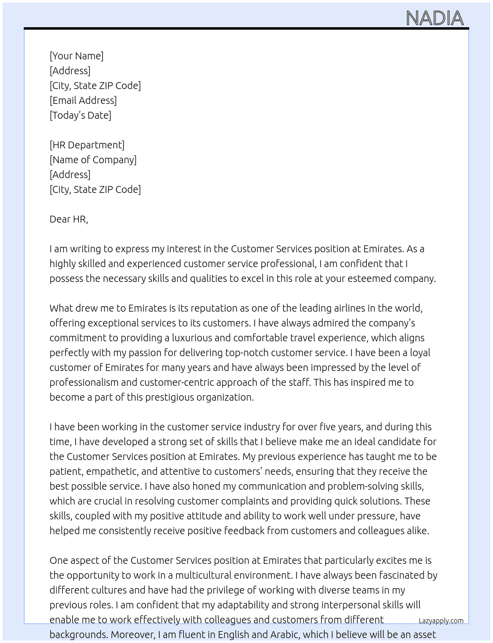 Customer Services At emirates Cover Letter