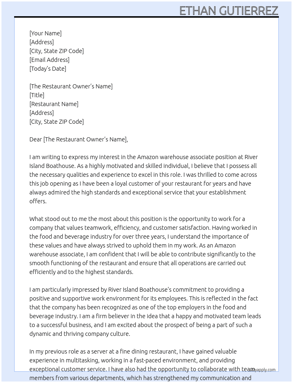 Amazon warehouse associate At River island Boathouse Cover Letter