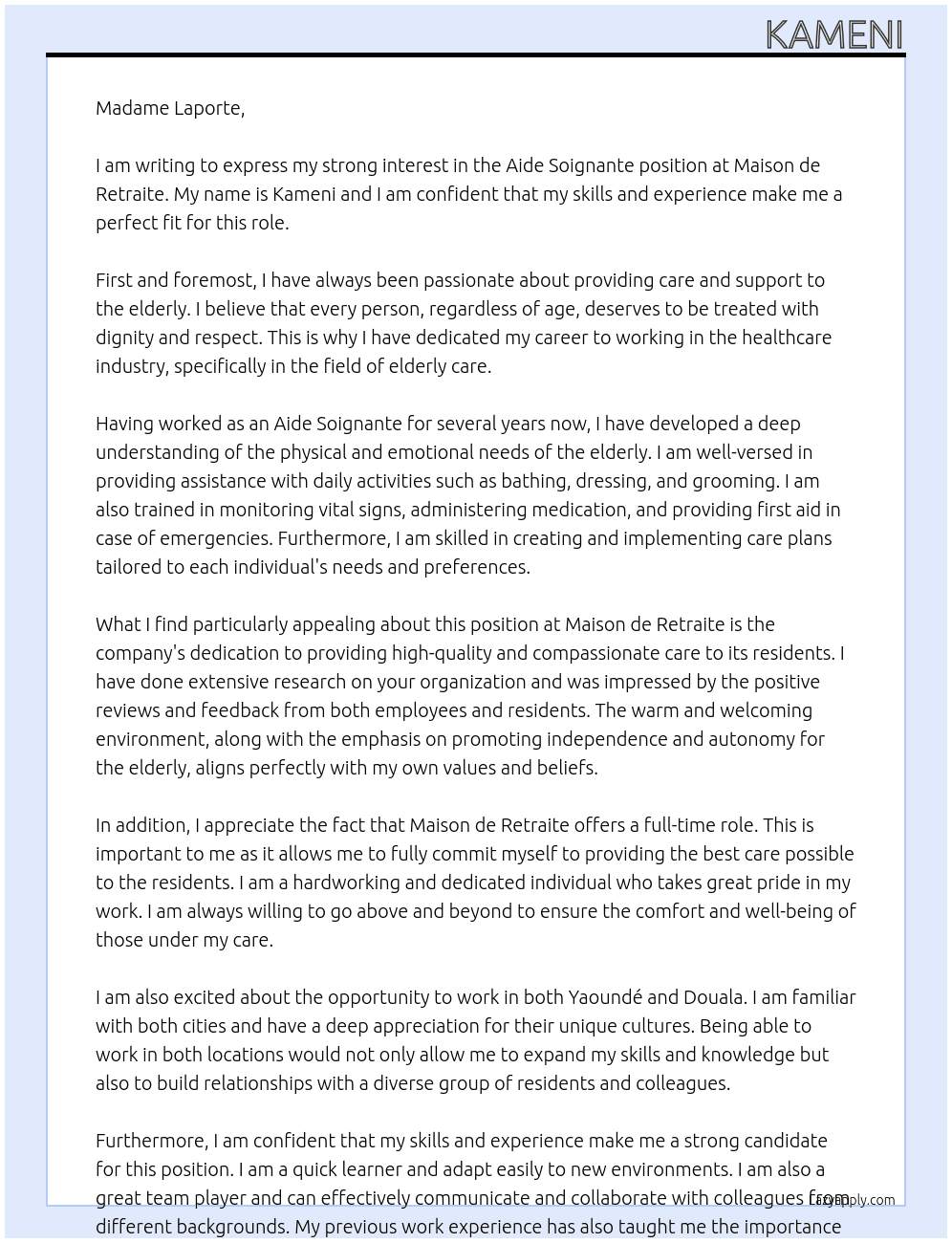 aide soignante At maison de retraite Cover Letter