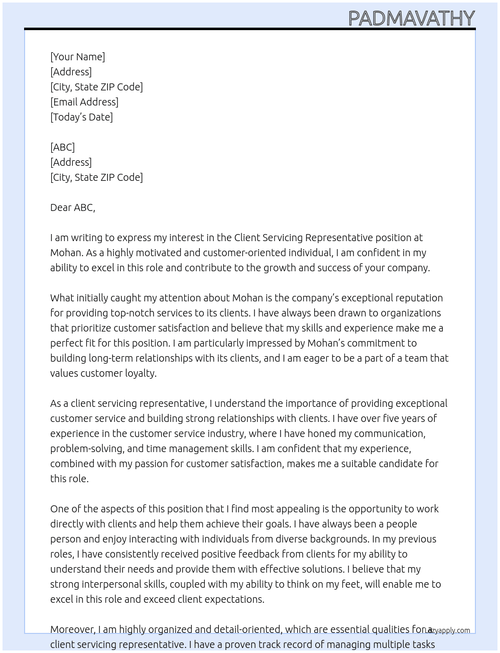 Client servicing representative At Mohan Cover Letter