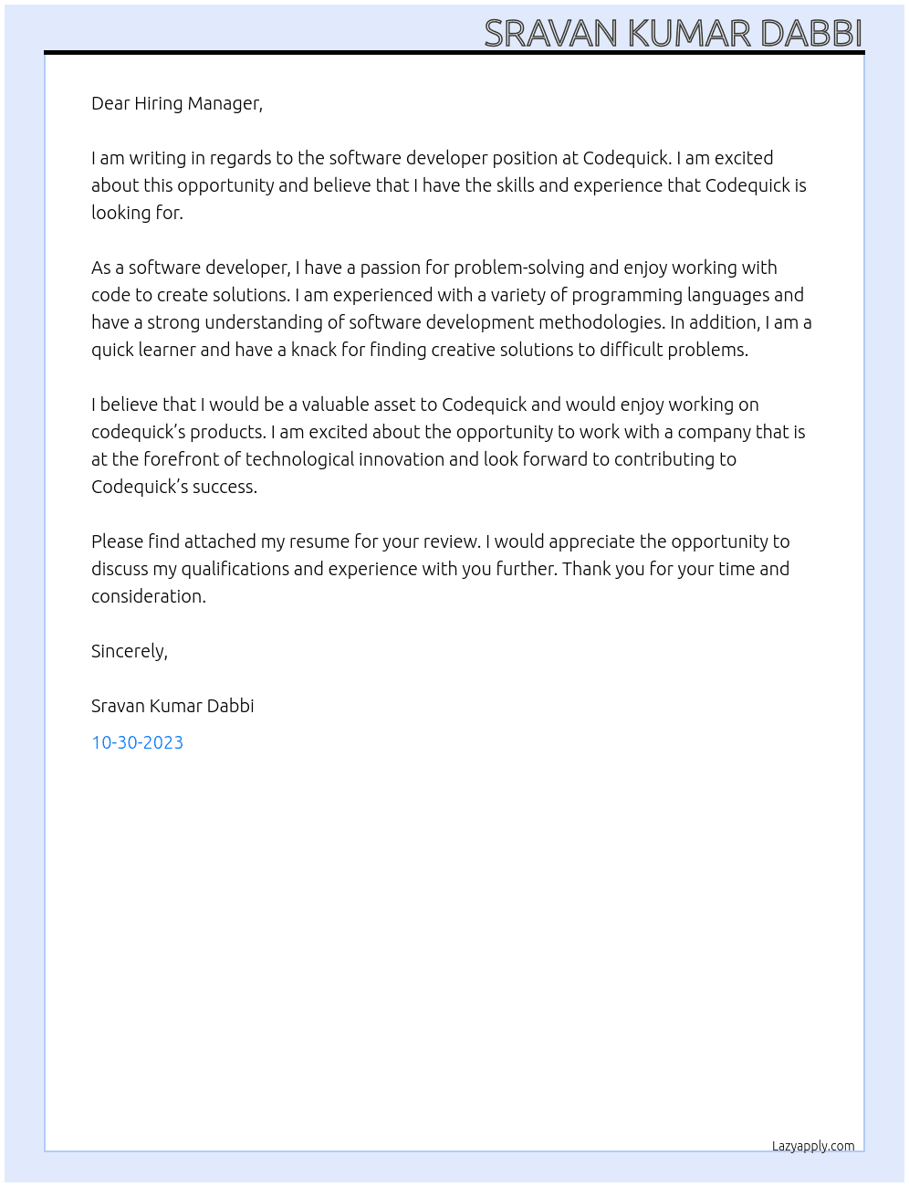 Software developer  At Codequick Cover Letter