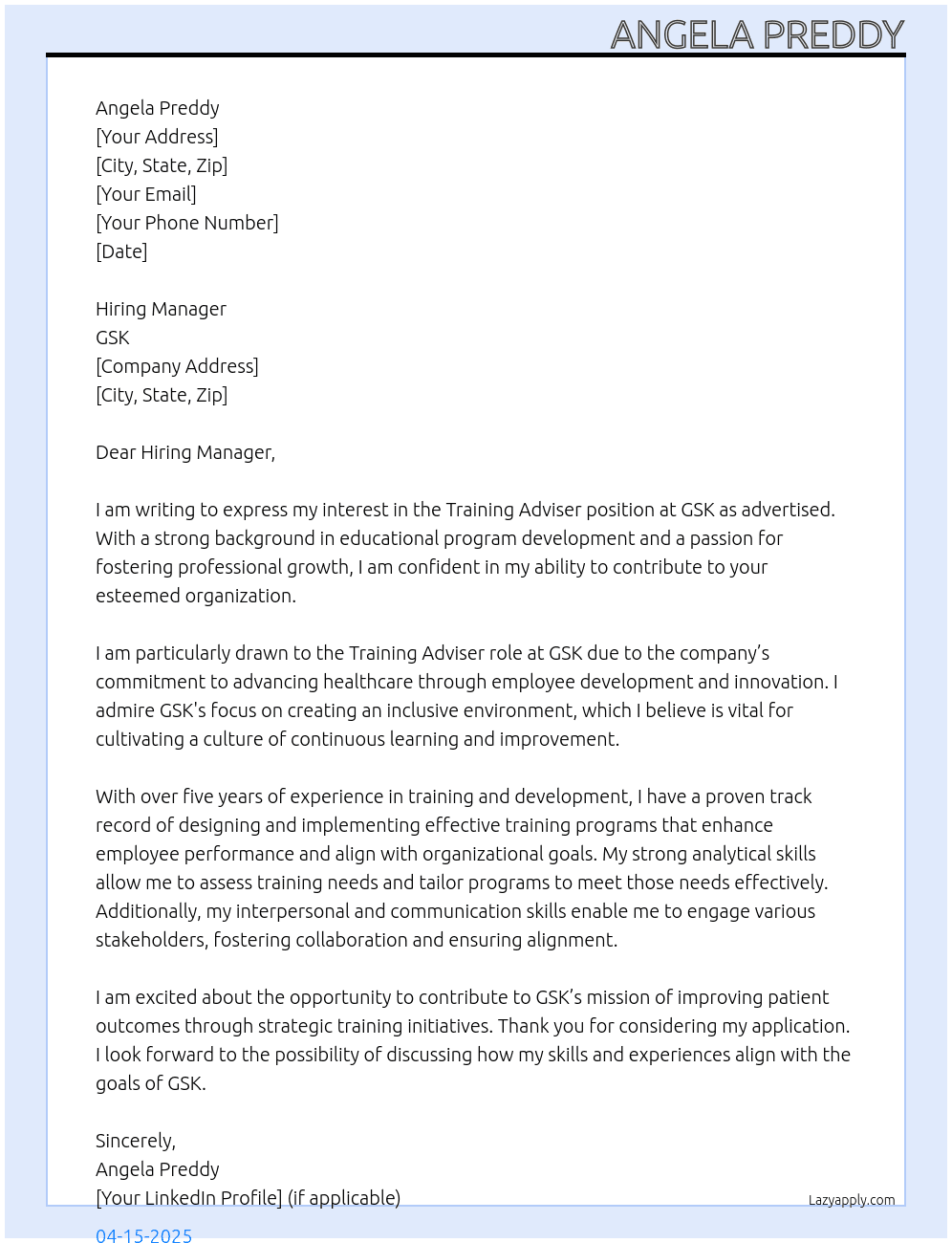 Training Adviser  At GSK Cover Letter
