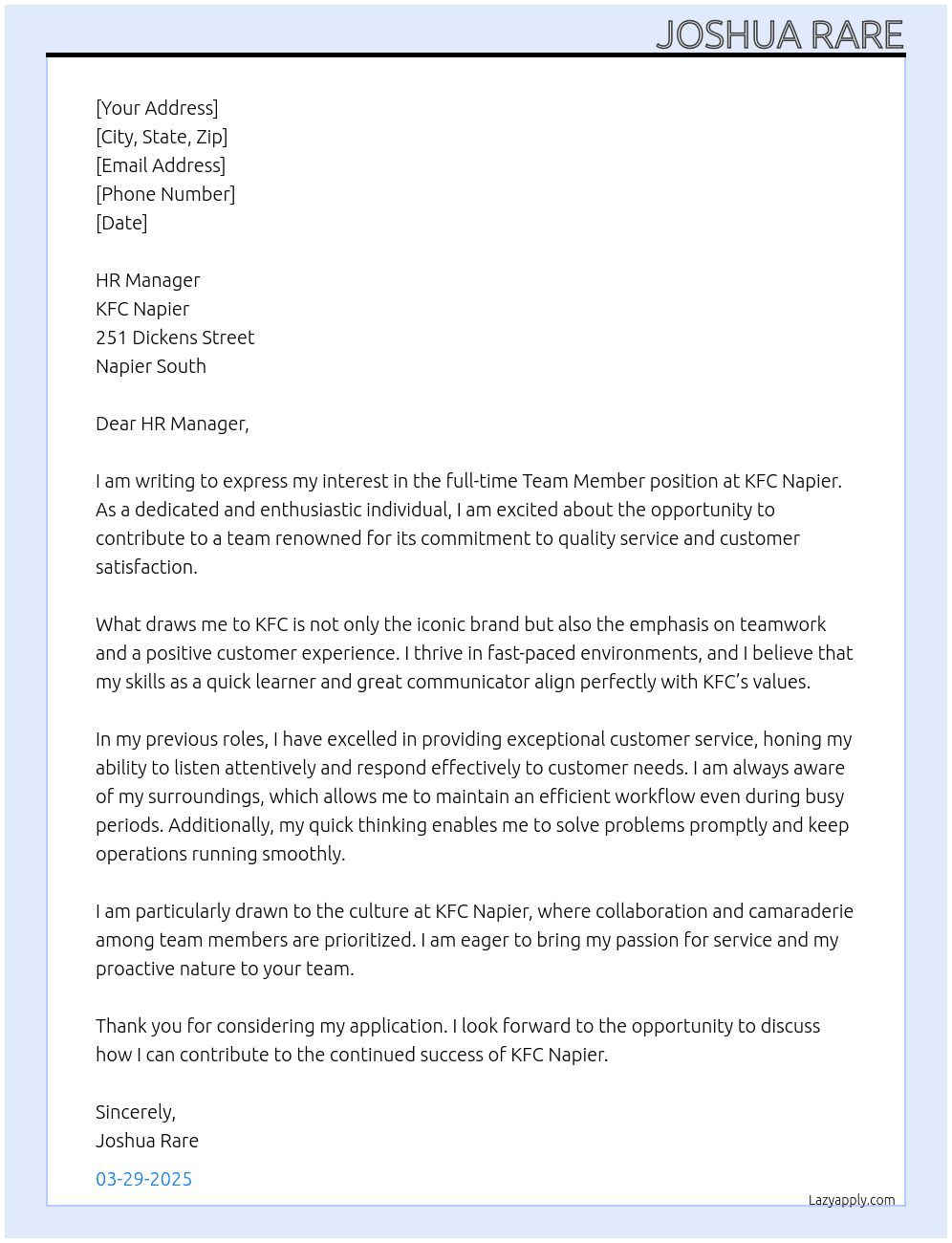 Team Member  At KFC Napier  Cover Letter