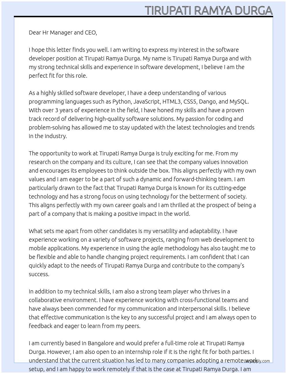 software developer At Tirupati Ramya Durga Cover Letter