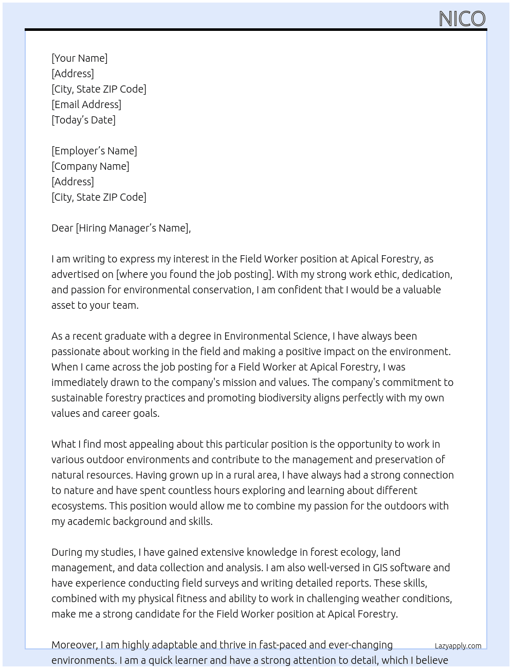 Field worker  At Apical Forestry  Cover Letter