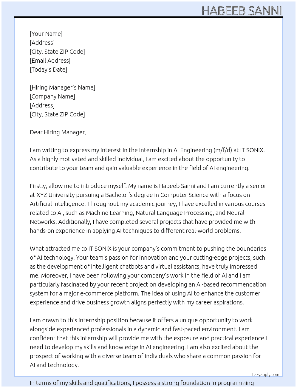  Internship in AI Engineering (m/f/d) At IT SONIX Cover Letter