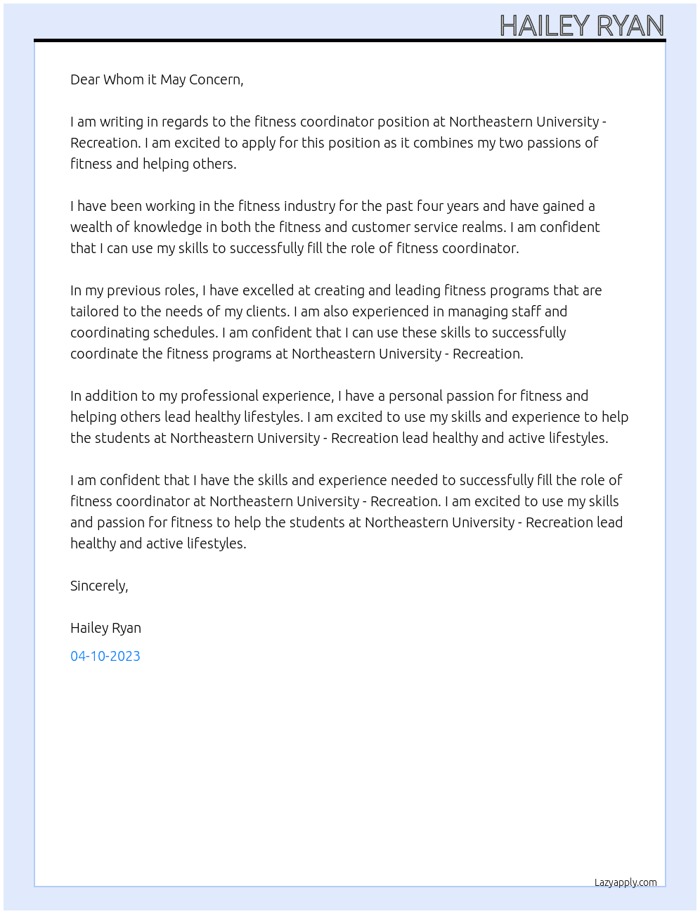 fitness coordinator At Northeastern University - Recreation Cover Letter