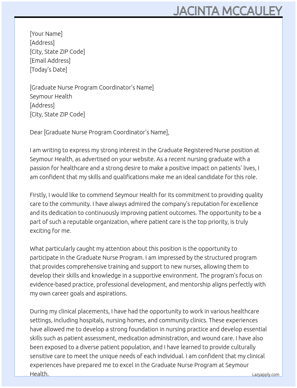 Graduate Registered Nurse At Seymour Health Cover Letter