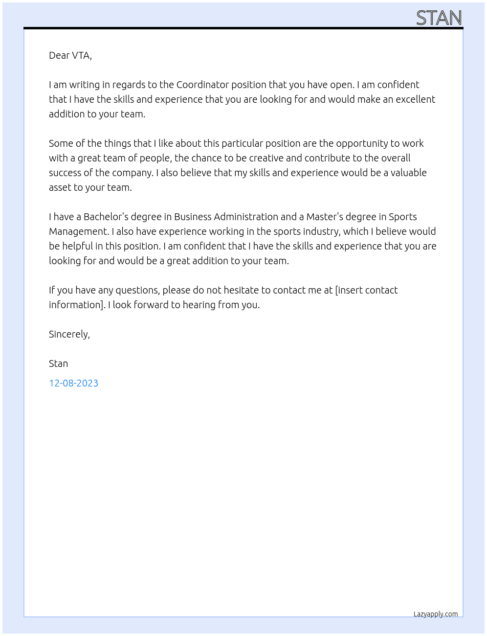 Coordinator At VTA Cover Letter