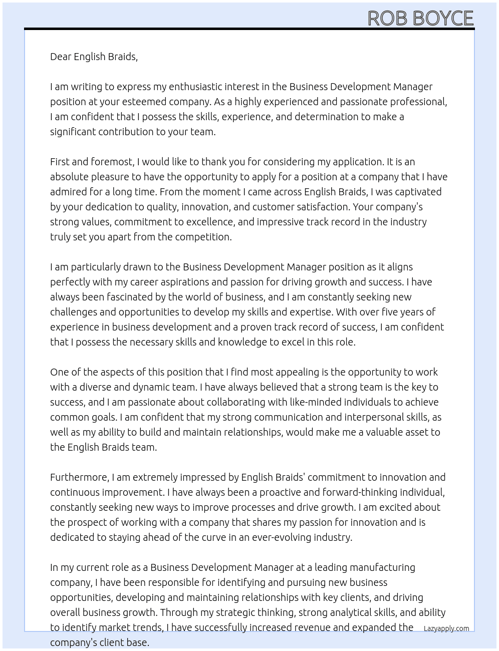 Business Development Manager At English Braids  Cover Letter