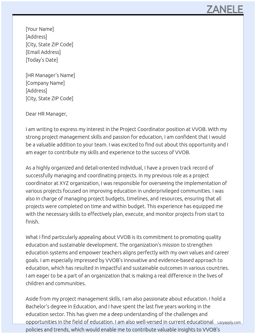 Project coordinator At VVOB Cover Letter
