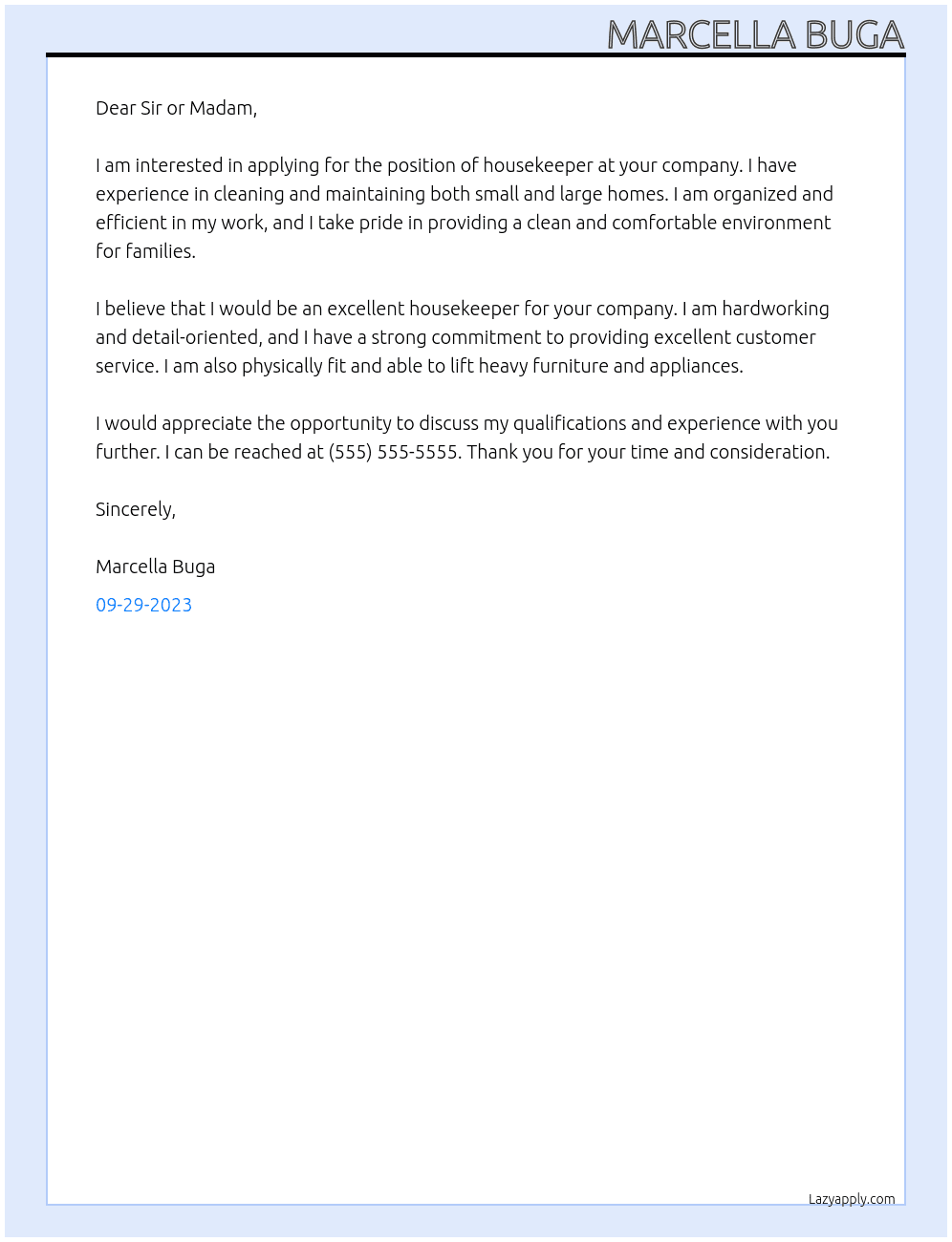 Housekeeper At housekeeping Cover Letter