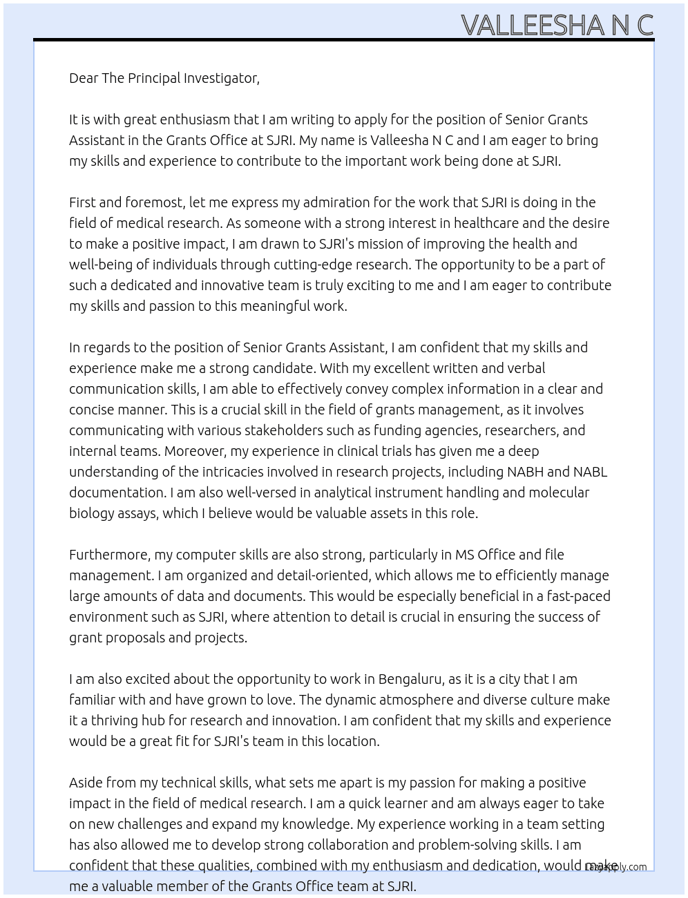 Senior Grants Assistant - Grants Office  At SJRI Cover Letter