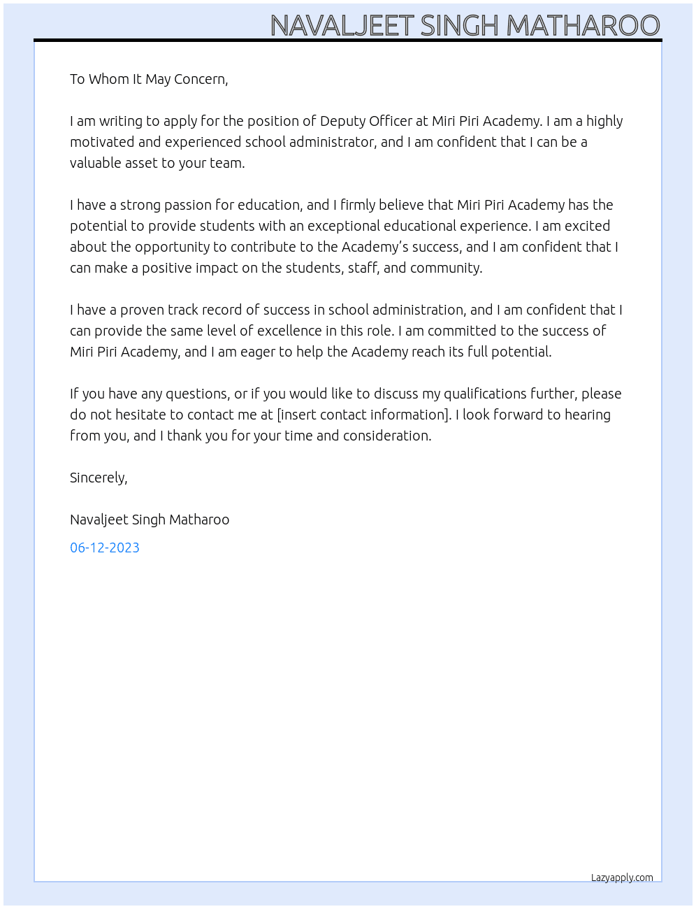 Deputy officer At miri piri academy Cover Letter