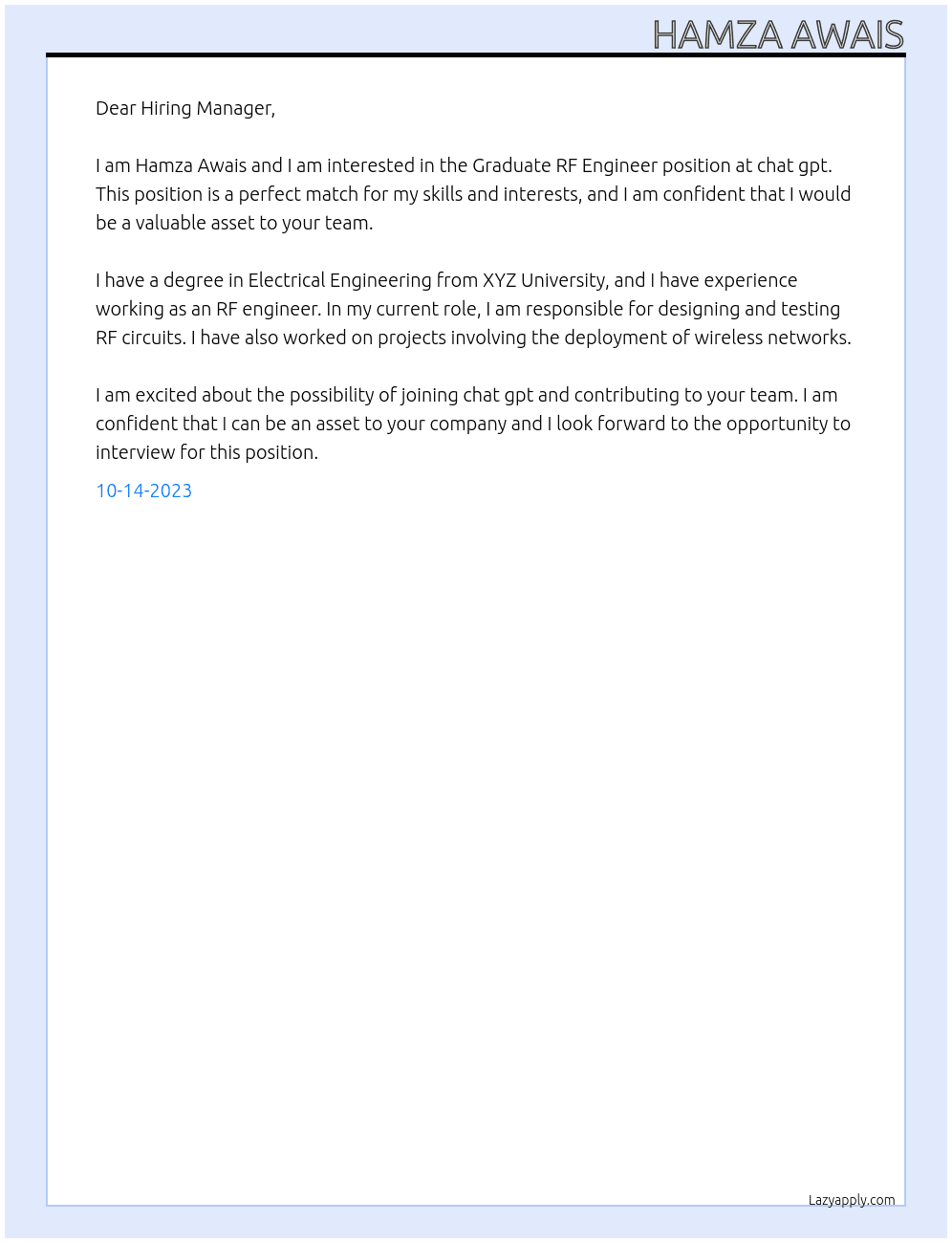Graduate RF Engineer At chat gpt Cover Letter
