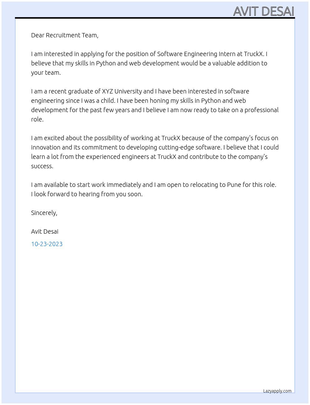 Software Engineering Intern At TruckX Cover Letter