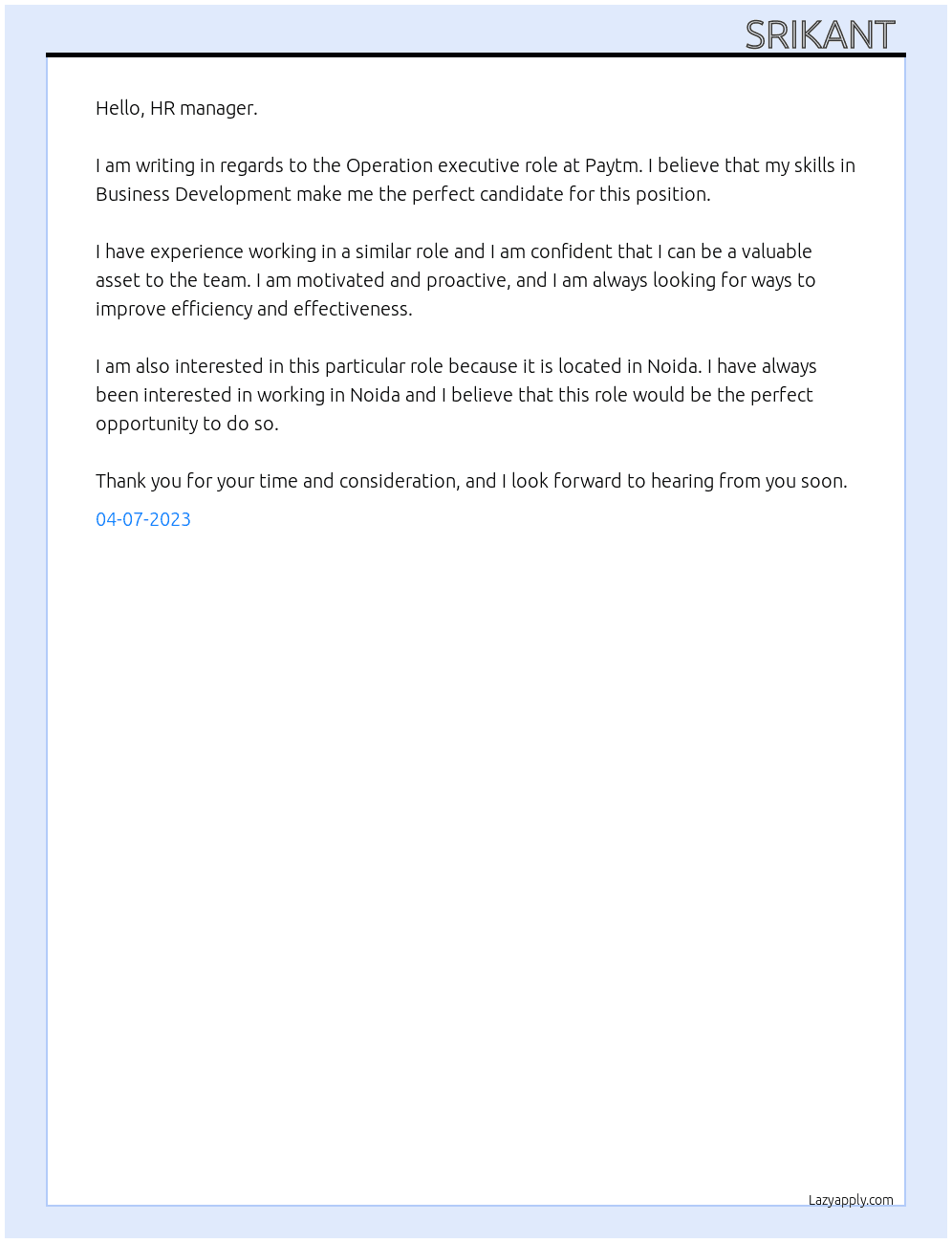 Operation executive  At Paytm  Cover Letter
