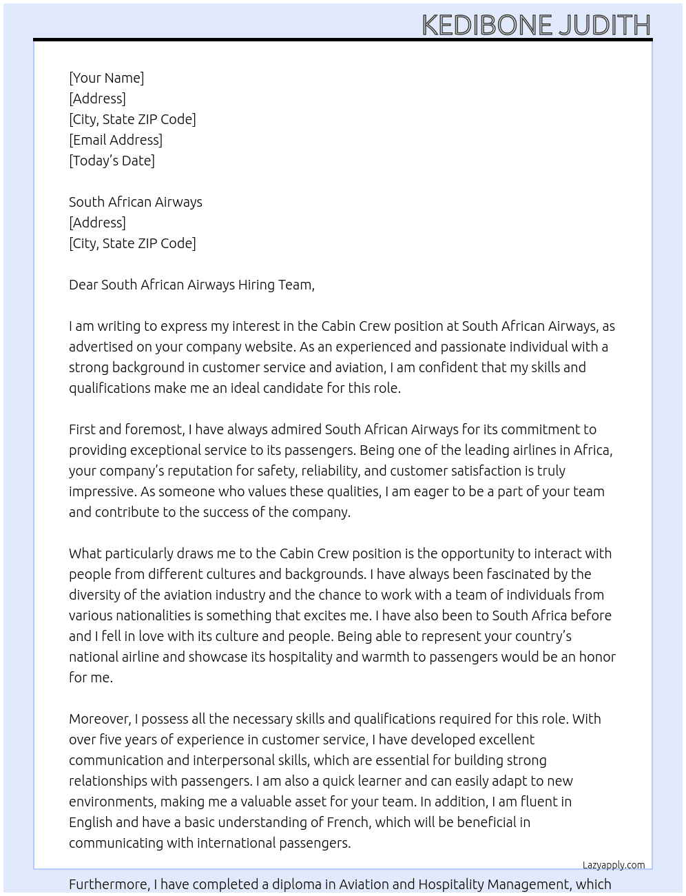 Cabin C rew At South African Airways Cover Letter